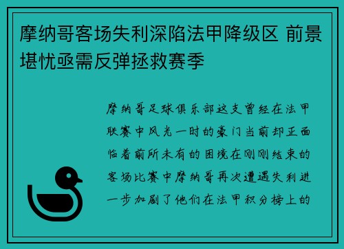 摩纳哥客场失利深陷法甲降级区 前景堪忧亟需反弹拯救赛季