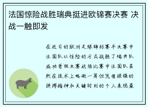 法国惊险战胜瑞典挺进欧锦赛决赛 决战一触即发